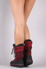 Load image into Gallery viewer, Quilted Nylon Faux Fur Cuff Lace Up Mid Calf Snow Boots