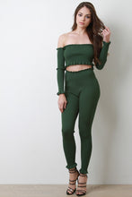 Load image into Gallery viewer, Rib Knit Ruffle Bardot Crop Top and Leggings Sett