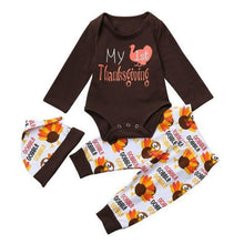 Load image into Gallery viewer, loomrack Baby Boy Girl First Thanksgiving Outfit - My First Thanksgiving 3- Piece Set Baby Clothes Brown / 3M