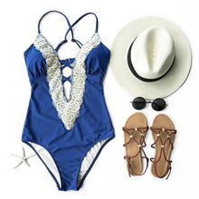 Load image into Gallery viewer, loomrack Crochet V-Neck One-Piece Swimsuit Body Suits Blue / S