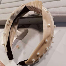 Load image into Gallery viewer, Pearl Bohemian Velvet Knot Hairband Headbands Beige