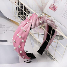 Load image into Gallery viewer, Pearl Bohemian Velvet Knot Hairband Headbands Pink
