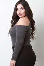 Load image into Gallery viewer, Ribbed Knit Cold Shoulder Mock Neck Keyhole Top
