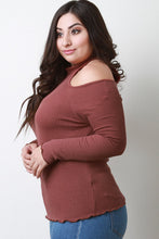 Load image into Gallery viewer, Ribbed Knit Cold Shoulder Mock Neck Keyhole Top
