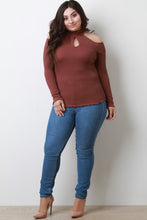 Load image into Gallery viewer, Ribbed Knit Cold Shoulder Mock Neck Keyhole Top
