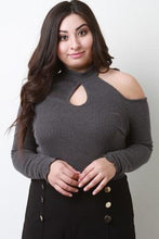 Load image into Gallery viewer, Ribbed Knit Cold Shoulder Mock Neck Keyhole Top
