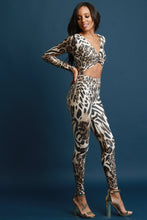 Load image into Gallery viewer, Leopard Print Open Midriff Long Sleeve Jumpsuit
