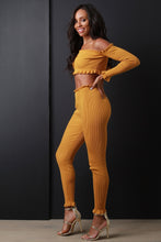 Load image into Gallery viewer, Rib Knit Ruffle Bardot Crop Top and Leggings Sett
