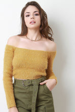 Load image into Gallery viewer, Fuzzy Knit Long Sleeve Bardot Crop Top
