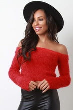 Load image into Gallery viewer, Fuzzy Knit Long Sleeve Bardot Crop Top
