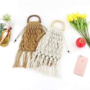 Casual Fishnet Tassel Rattan Bag Rattan Bags black / with Lining