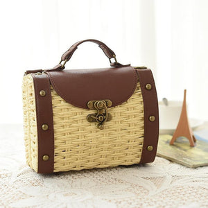 Casually Elegant Rattan & Faux Leather Bag Rattan Bags Beige