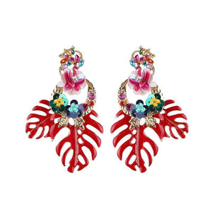 loomrack Bohemian Floral Leaf Drop Earrings Drop Earrings Red