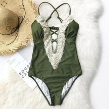 Load image into Gallery viewer, loomrack Crochet V-Neck One-Piece Swimsuit Body Suits Army Green / S
