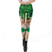 Load image into Gallery viewer, St Patrick&#39;s Day Design Leggings - Green Leaf Cat Print Irish Leggings S
